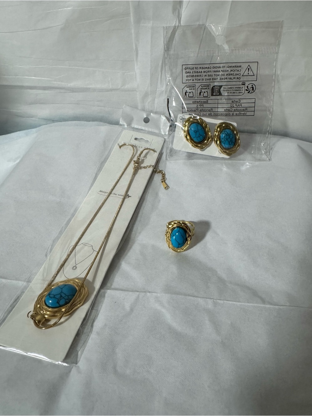 Gold-Tone Necklace and Ring Set with Turquoise Stone - Women Jewelry